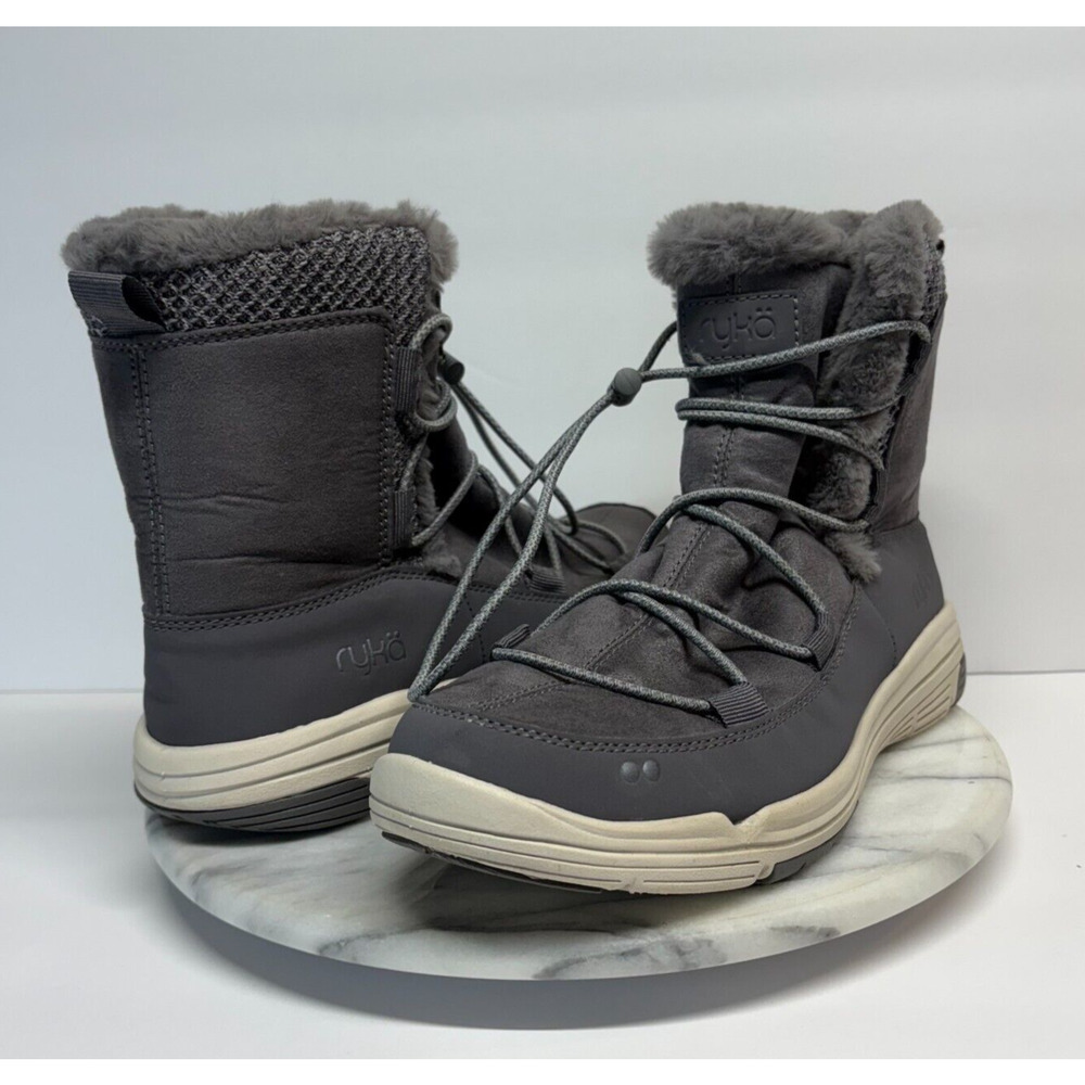 Ryka Boots Womens 9 Gray Faux Leather Faux Fur Lined Aubonne Elastic Bungee